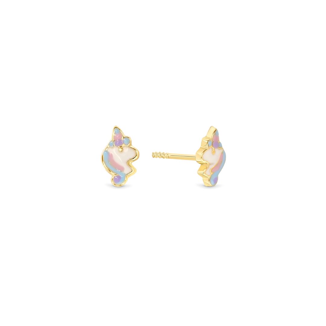 Oorknoppen eenhoorn van geelgoud met Emaille BN0329E