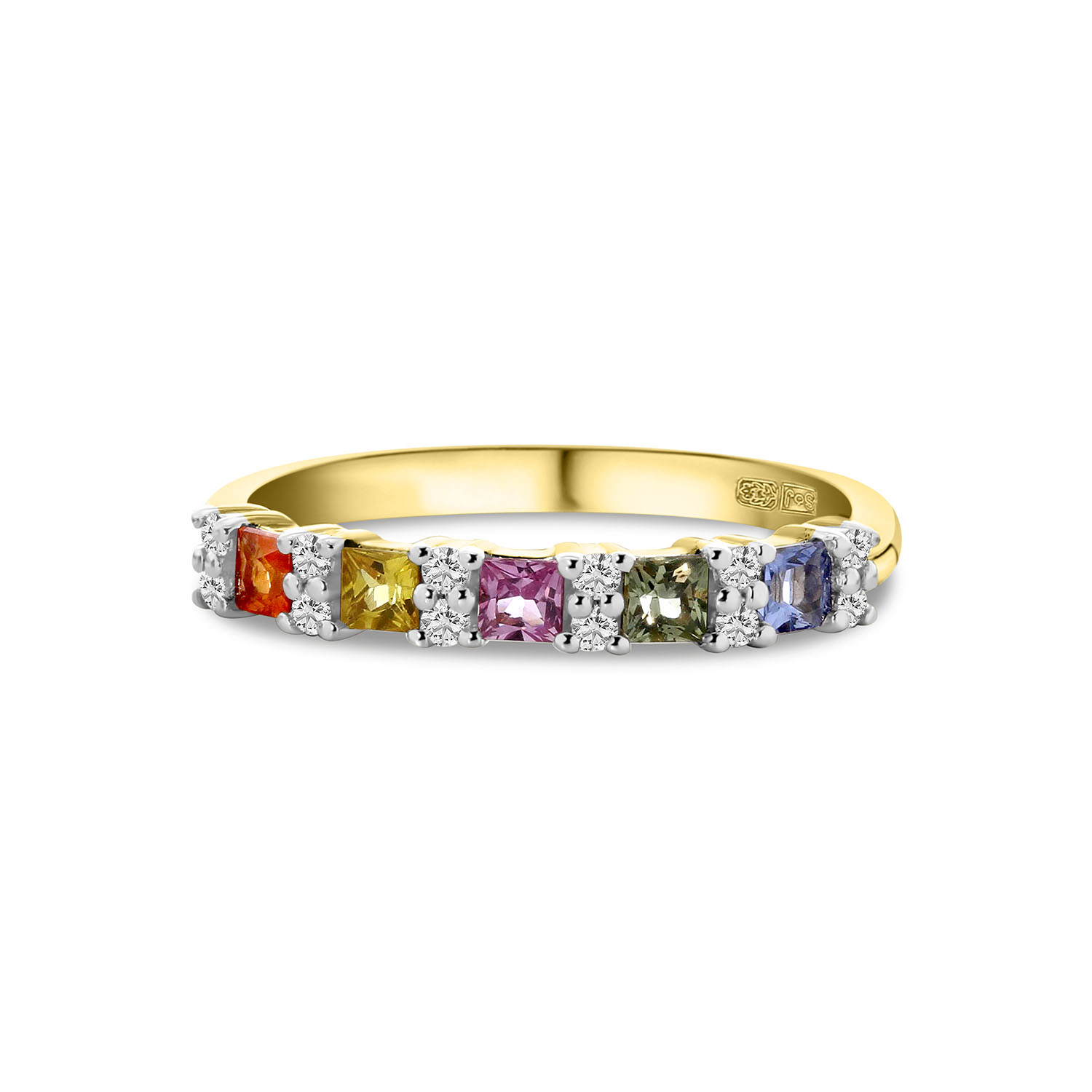 Geelgouden aanschuifring gekleurde saffier stenen en diamanten R092-80043R001-SA-Y