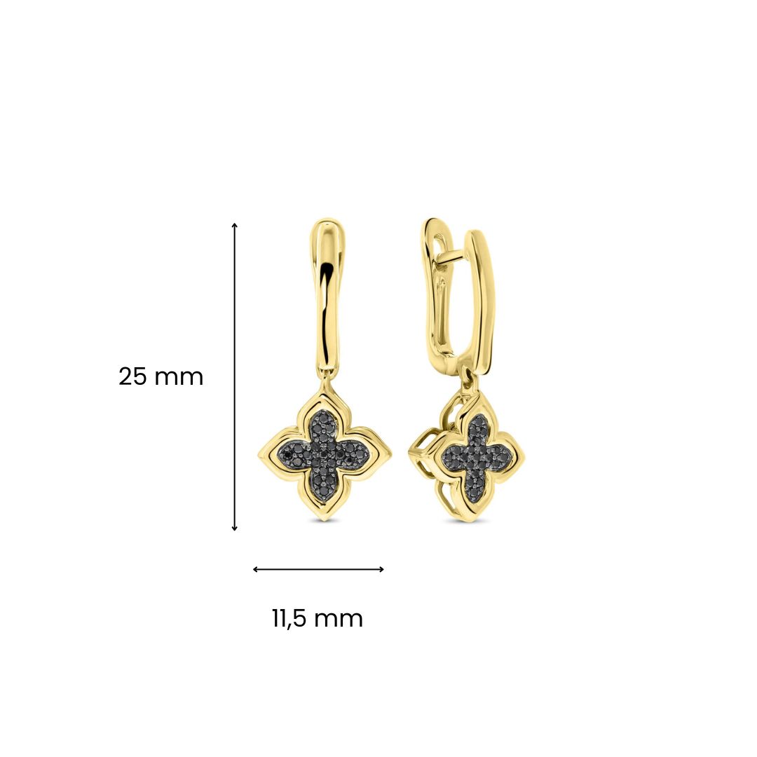 Geelgouden oorhangers klaver met zwarte diamanten E159-35701-B-BDI-Y