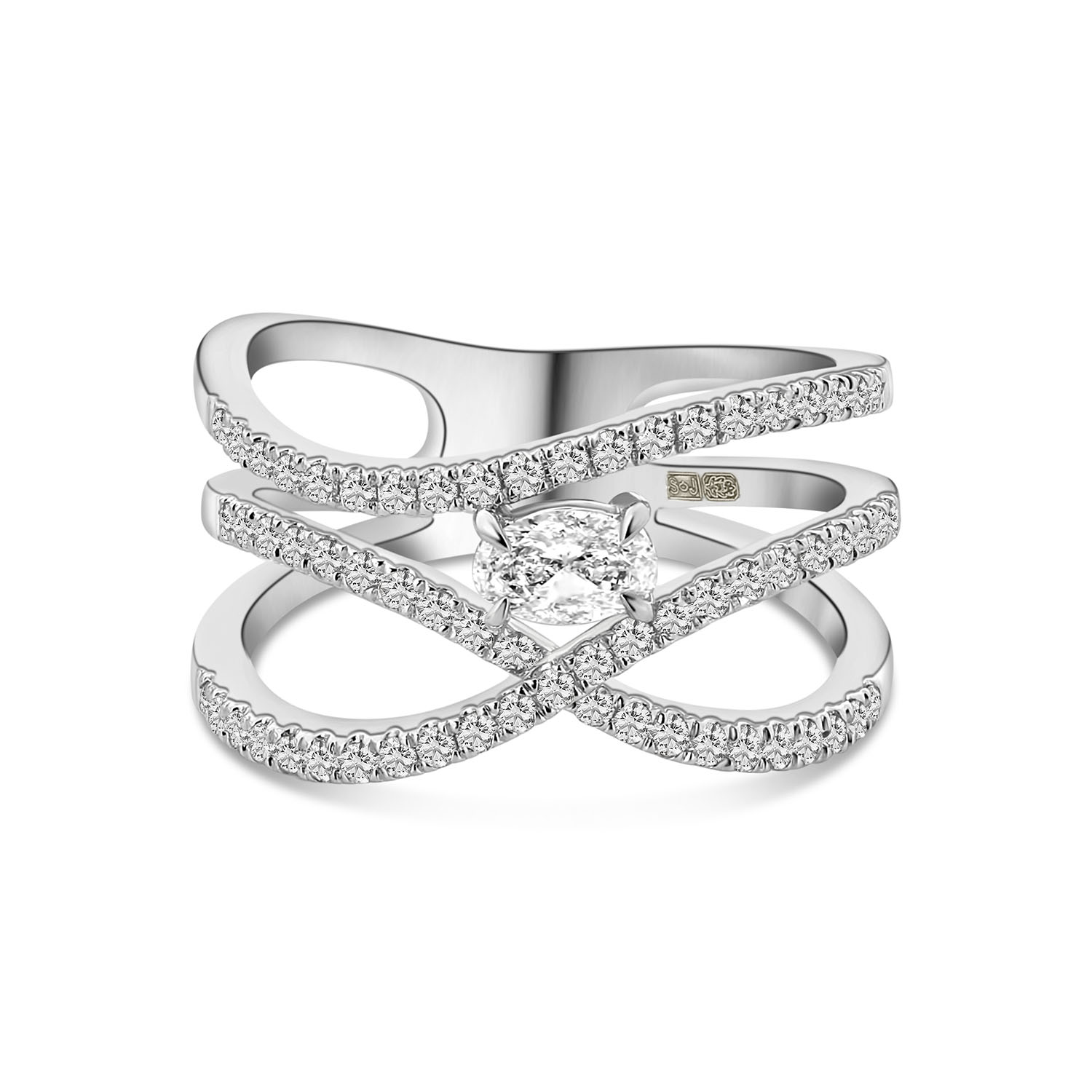 Witgouden Ring met Lab Grown Diamant en Drie Pavé Banden – R480-MLN-0560-FLG-W
