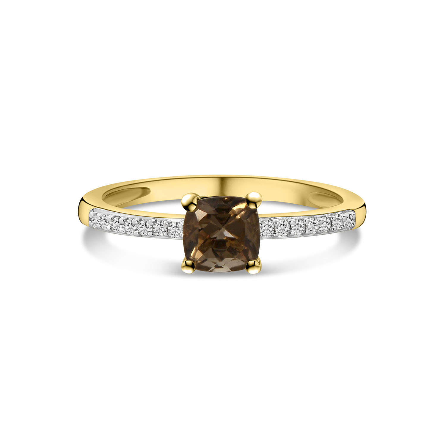 Geelgouden ring met vierkante rookkwarts en diamanten R404-IGR-32302-SQ-Y