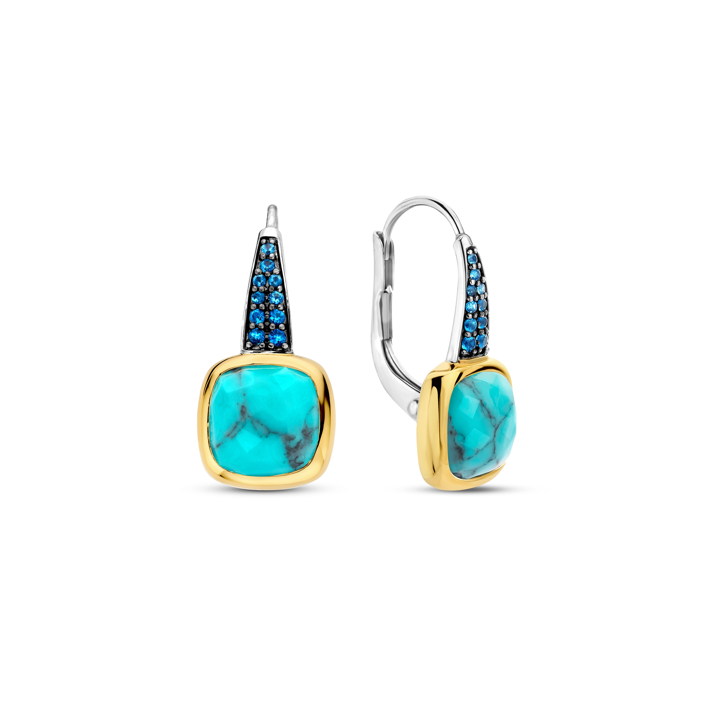 Oorhangers van gold plated  met zirkonia en imitatie turquoise 7969TQ
