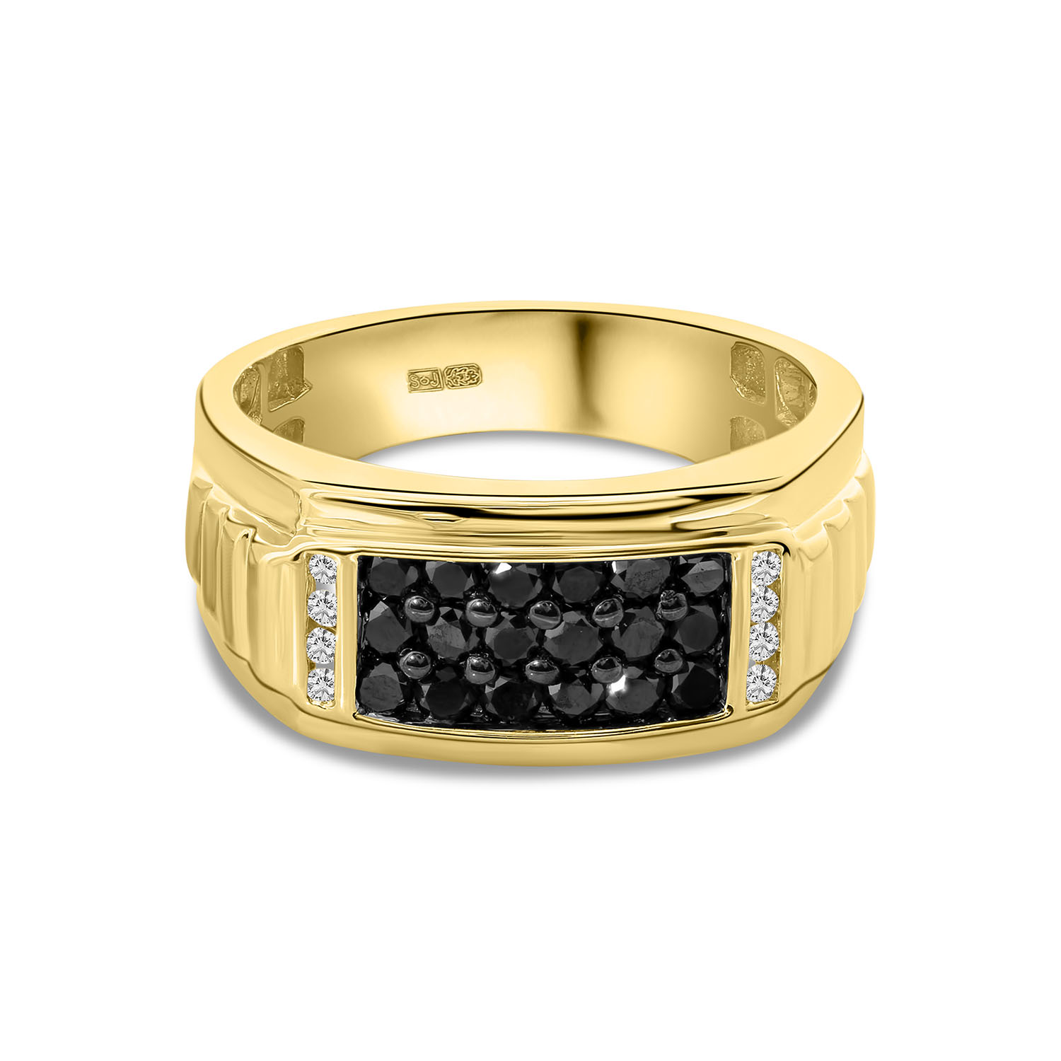 Geelgouden zegelring met zwarte en witte diamanten R177-QCDGETQ5182G-Y