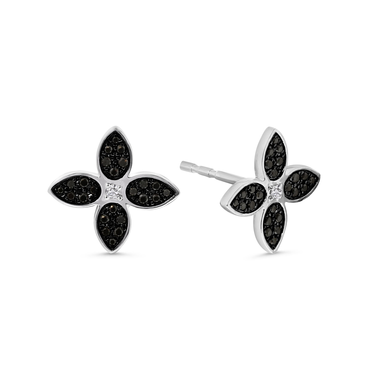 Witgouden oorknoppen klaver met zwarte diamant E136-180XB01302-WBDIA-W