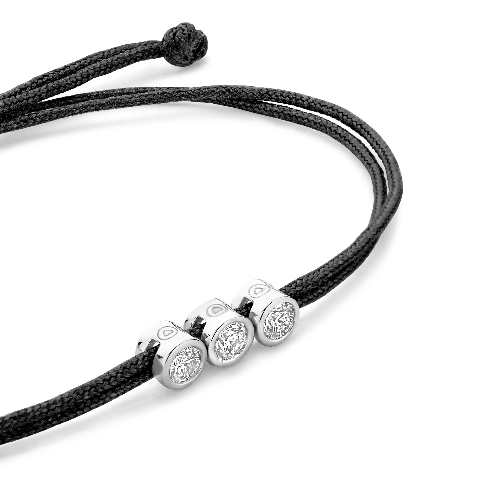 Koordarmband Zwart met drie lab grown diamanten - BN010-3-11-S