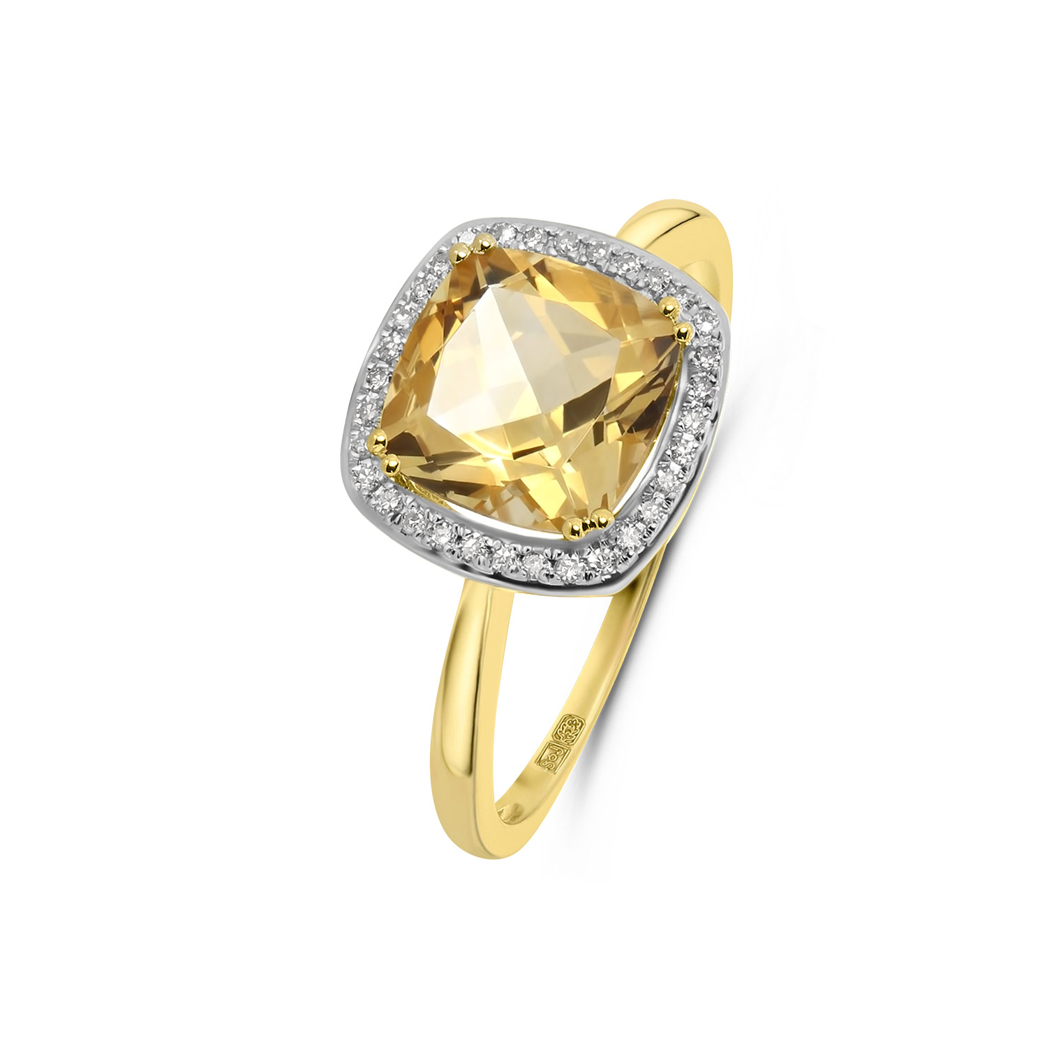 Geelgouden ring met citrien en diamanten entourage R382-R304357ACIT14KYW-Y