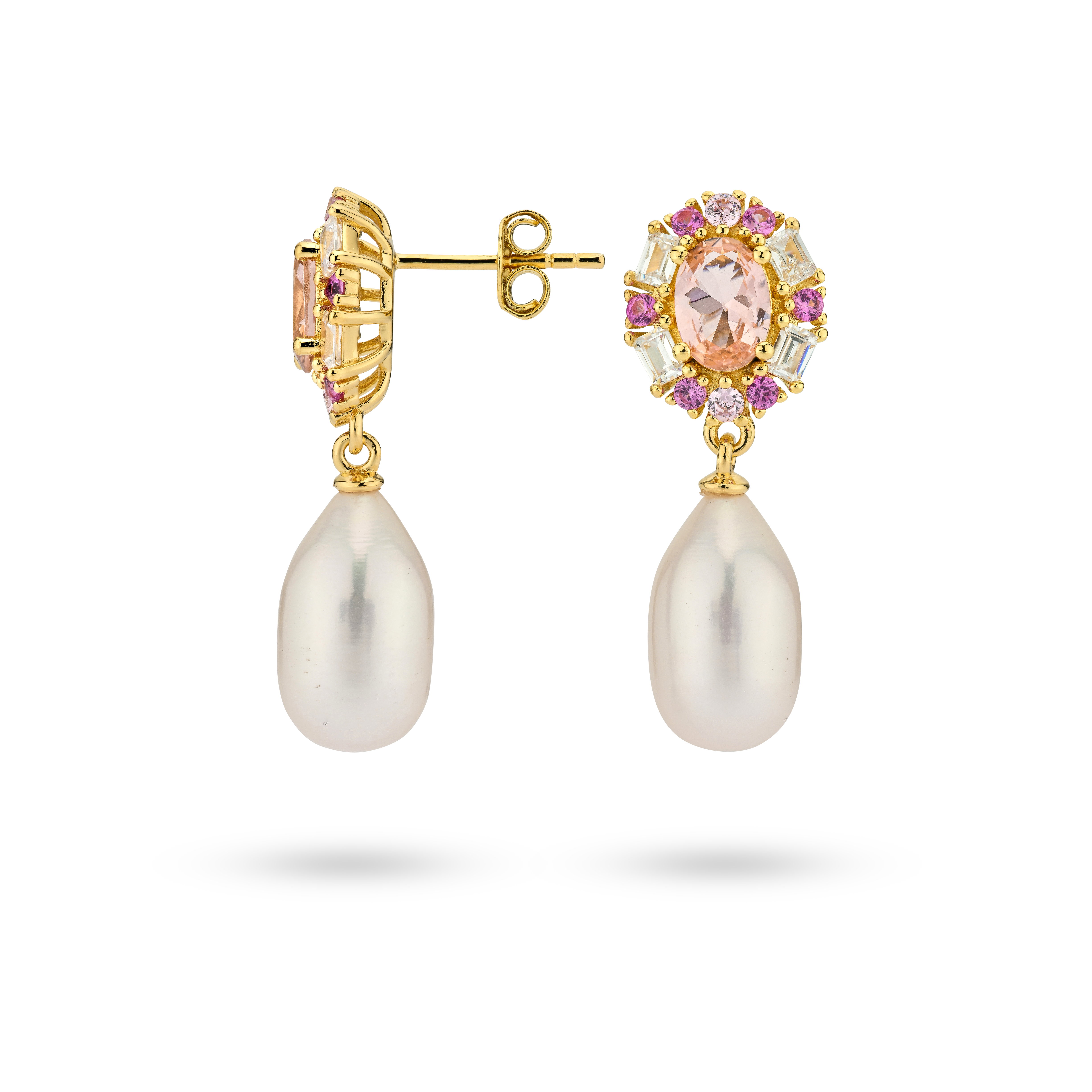 Oorhangers van gold plated  met parel en gekleurde zirkonia 42475Y