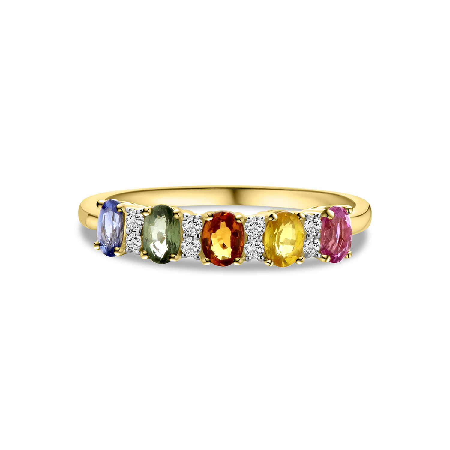Geelgouden rijring met gekleurde saffier stenen en diamanten R092-47232R079-SA-Y