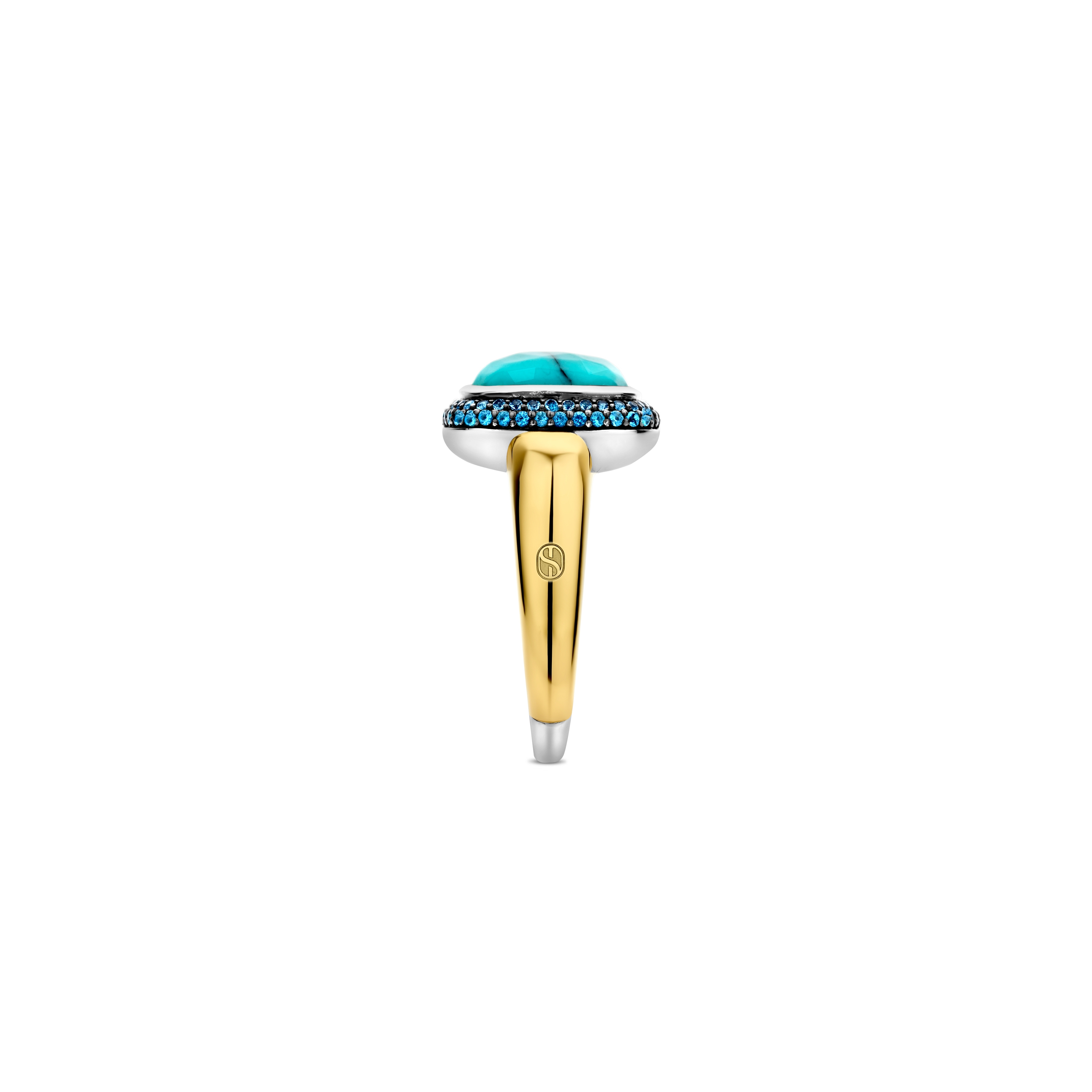 Ring van gold plated  met zirkonia en imitatie turquoise 12330MW
