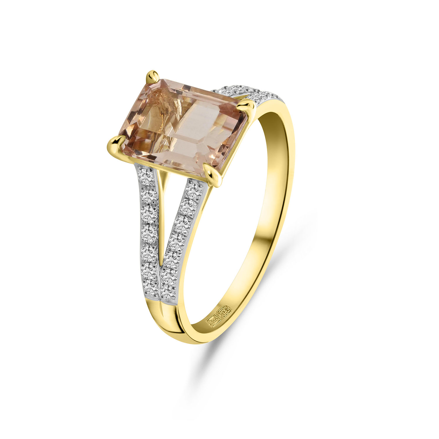 Geelgouden ring met baguette morganiet en diamanten R092-81981R001-MN-Y