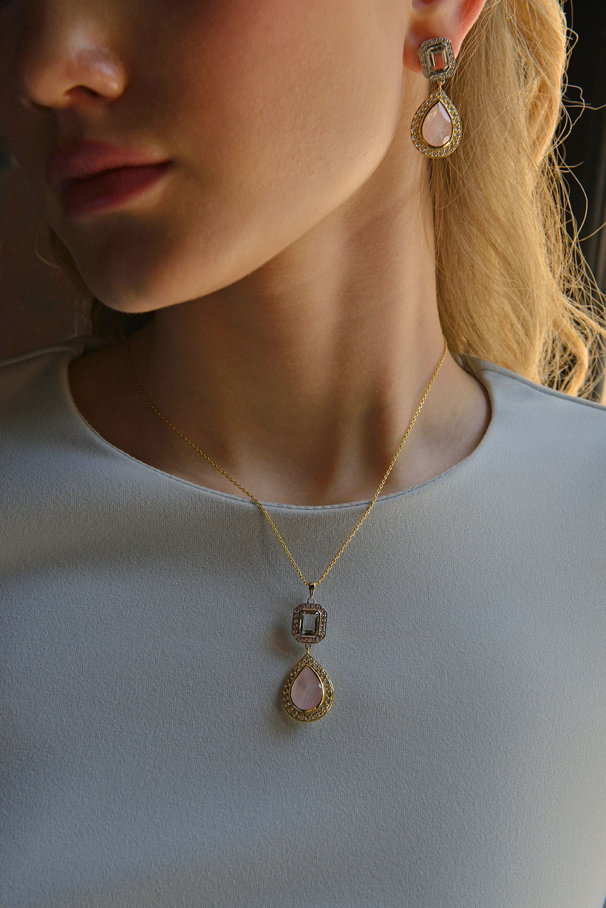 Ketting gold plated met Amethist en Kwarts - 247C0039