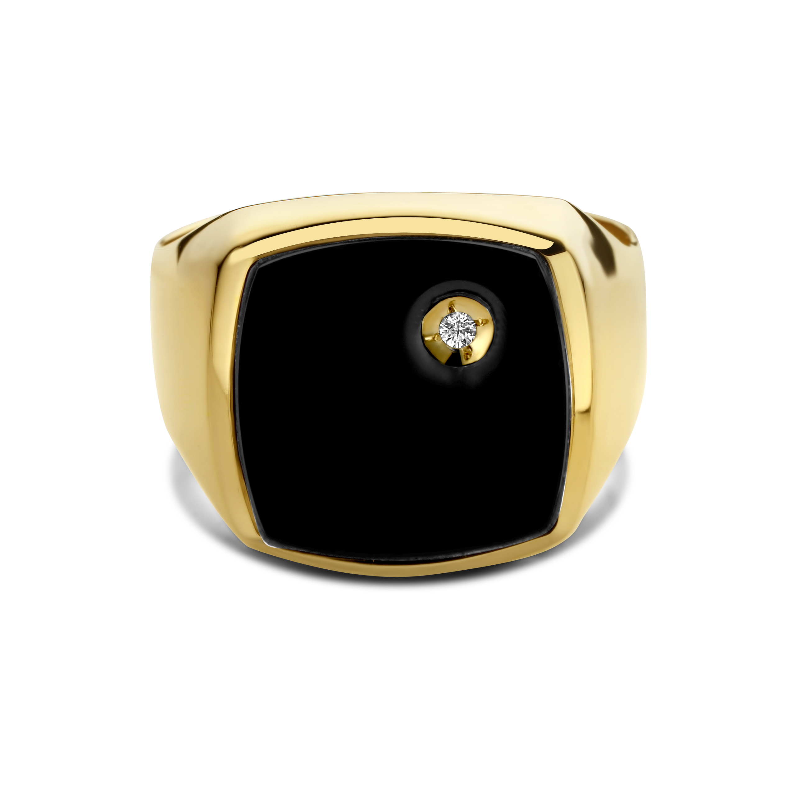 Geelgouden zegelring met onyx en zirkonia steen