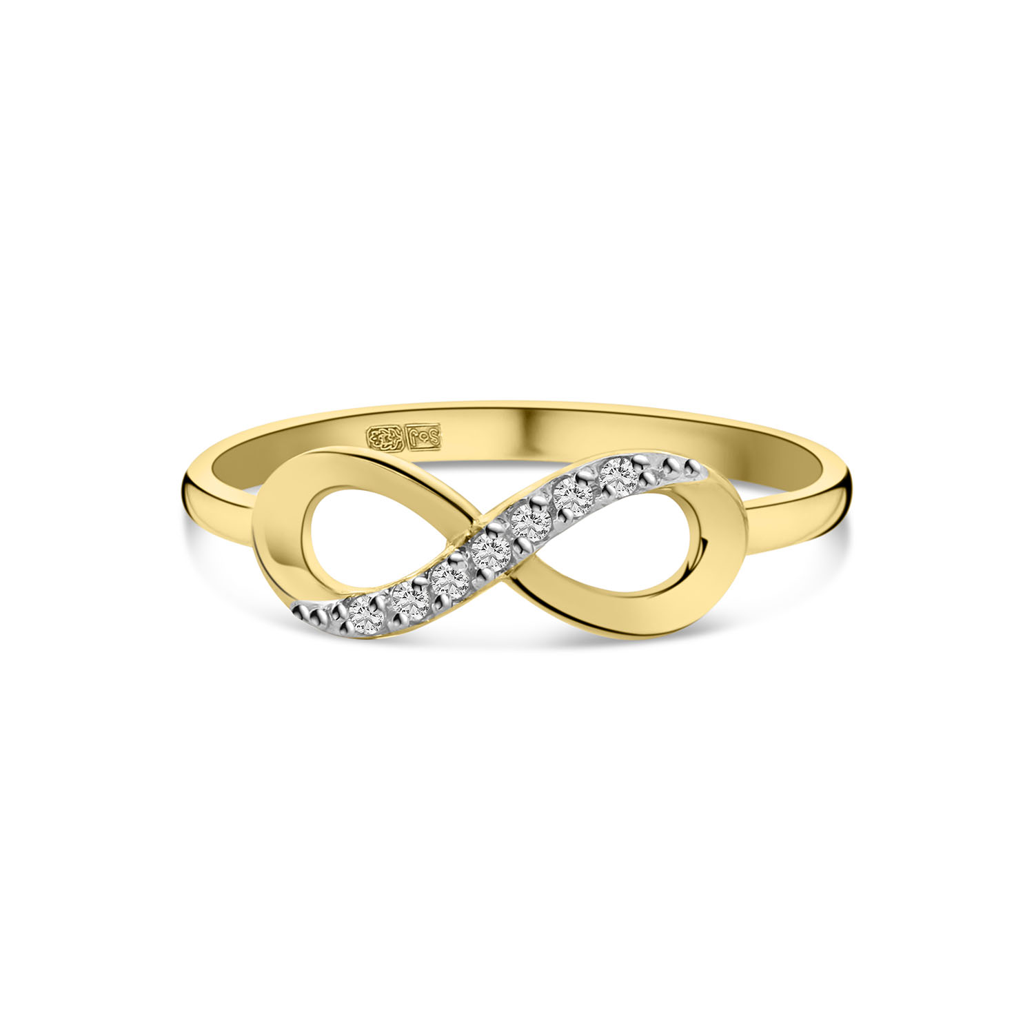 Geelgouden infinity ring met zirkonia R137-60230-Z-Y