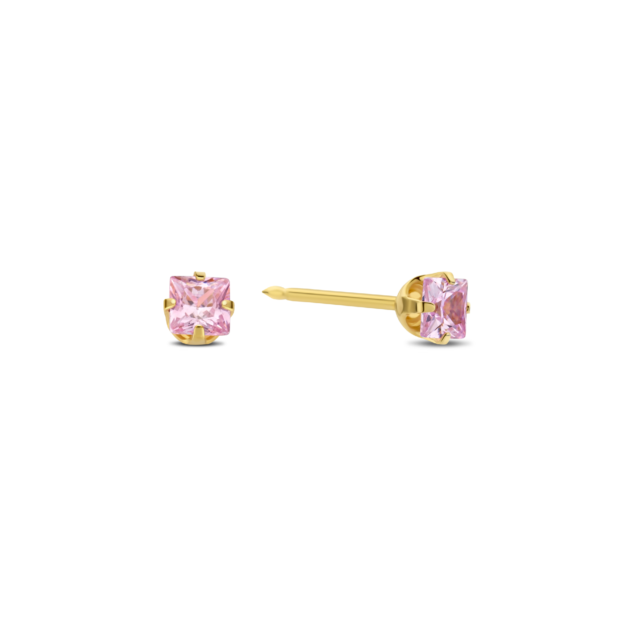 Schietoorknoppen 14K geelgoud 3mm zirkonia vierkant pink ice 