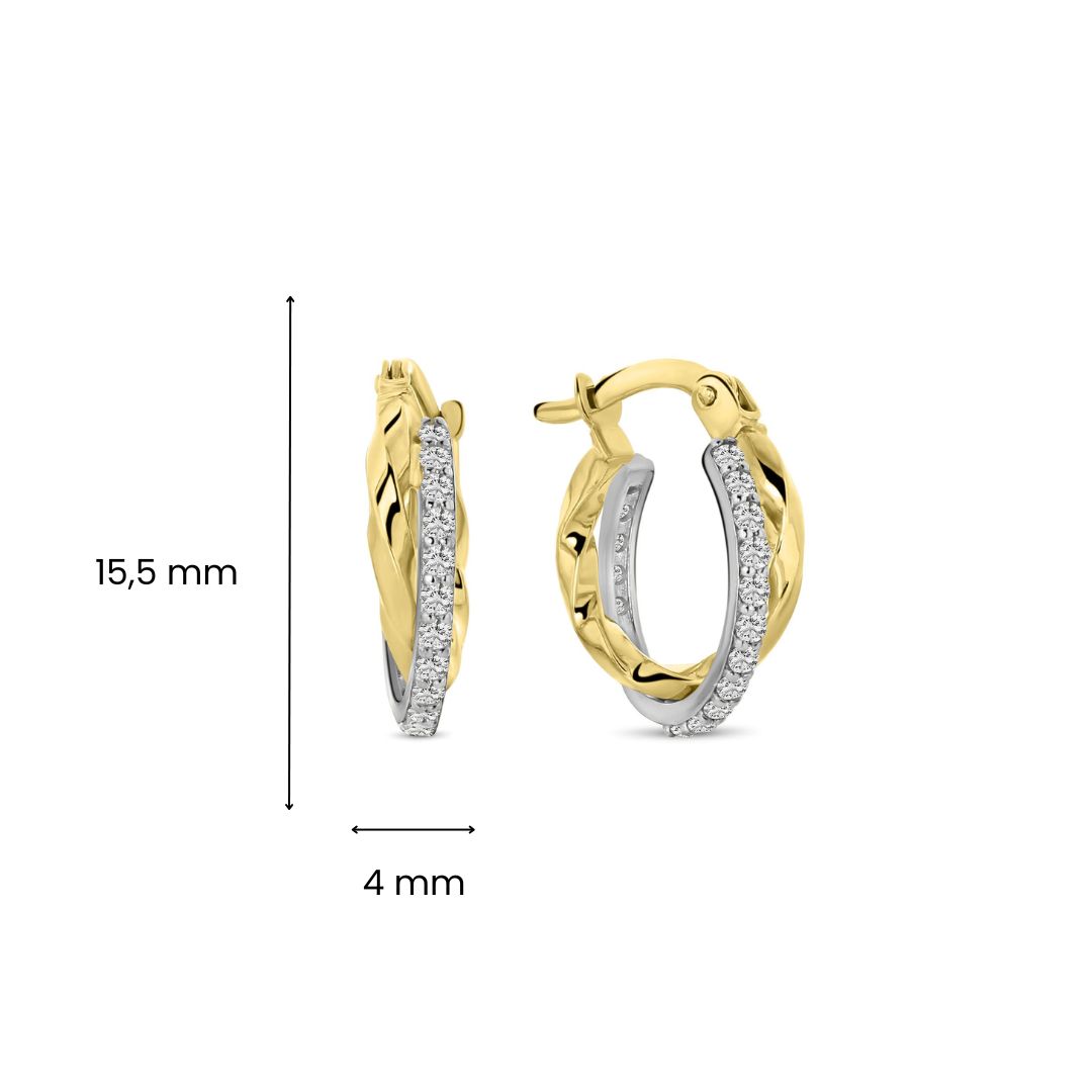 Bi-color oorringen dubbel met zirkonia E122-CTE200934-FCZ-YW