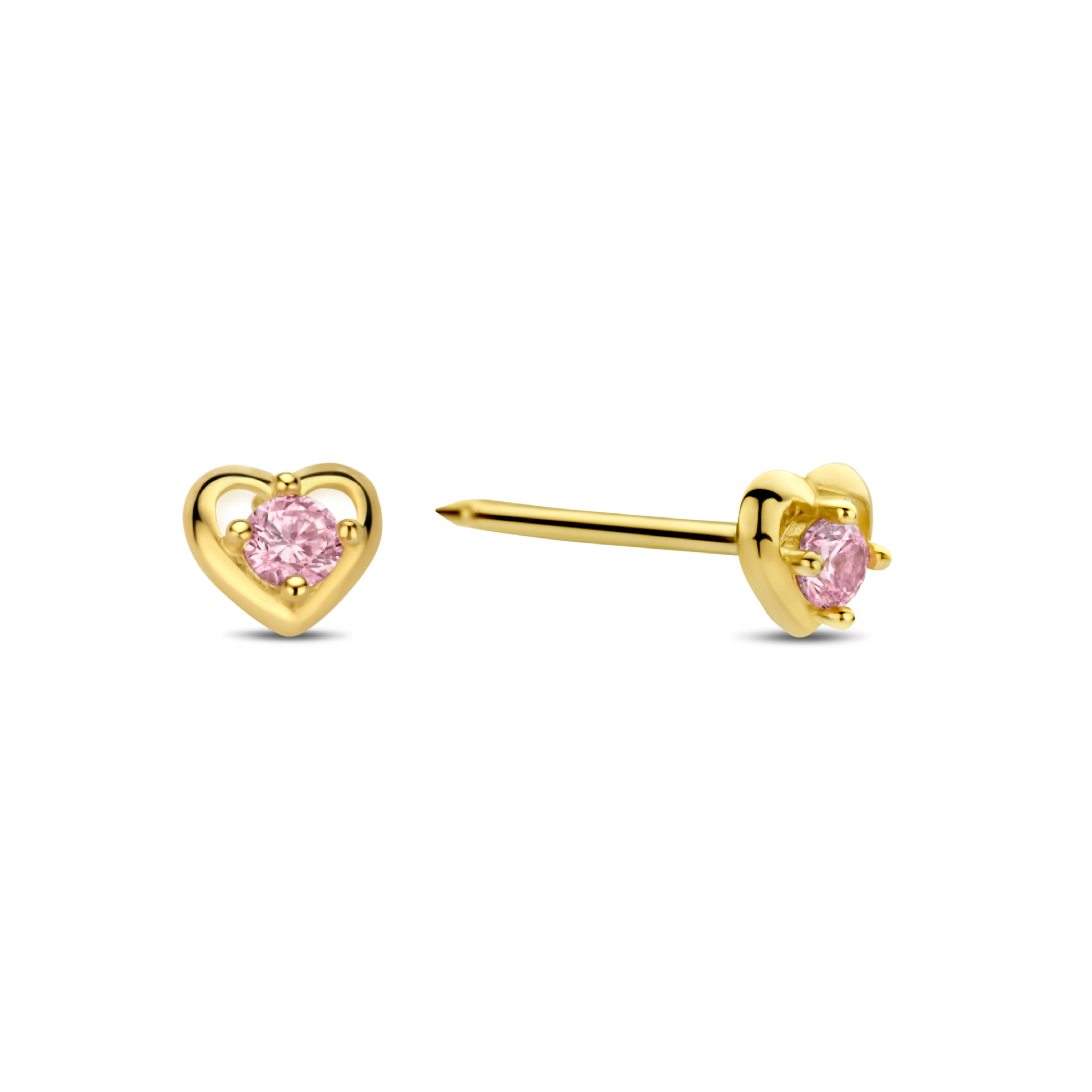 Schietoorknoppen 14K geelgoud 3mm open Hart met roze zirkonia 