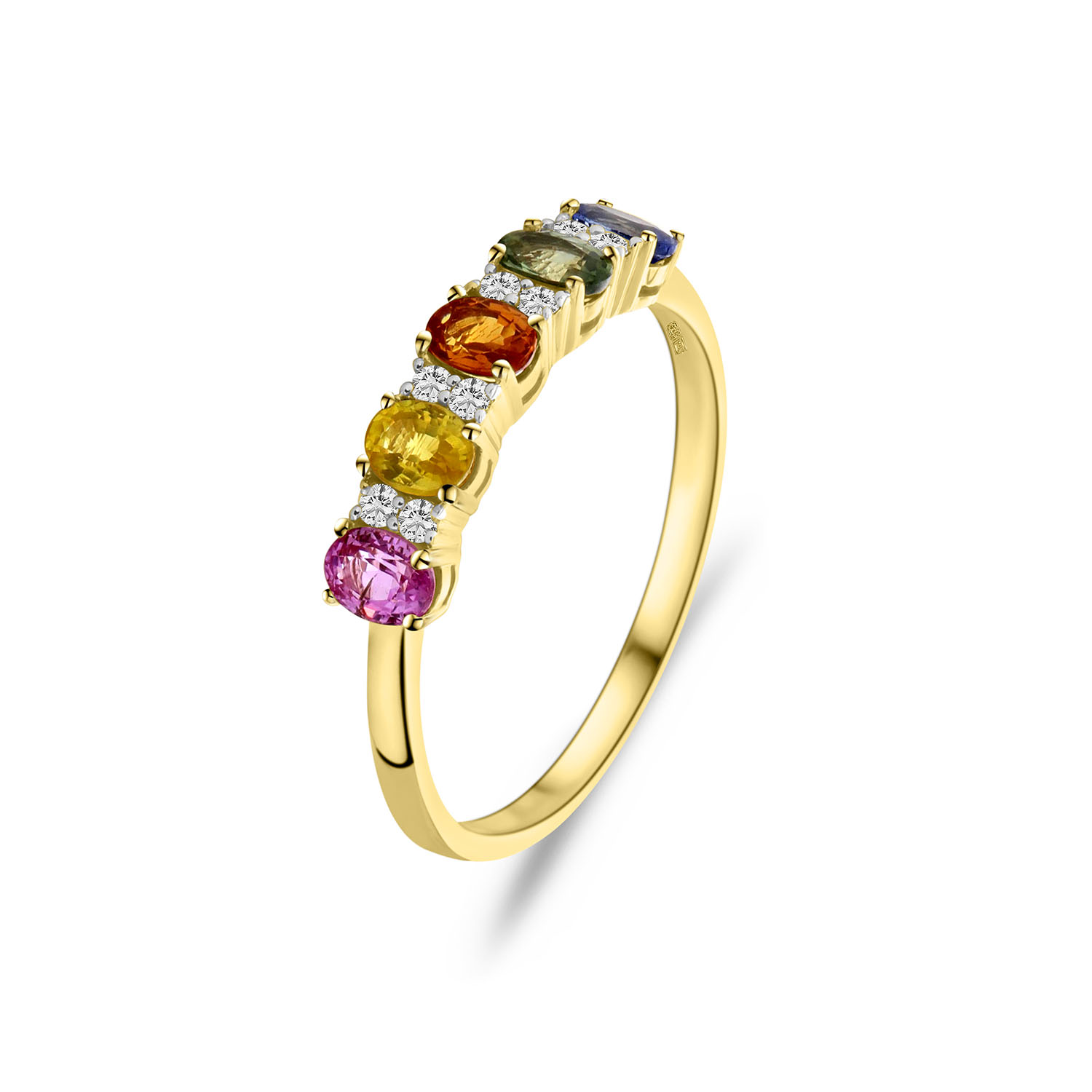 Geelgouden rijring met gekleurde saffier stenen en diamanten R092-47232R079-SA-Y