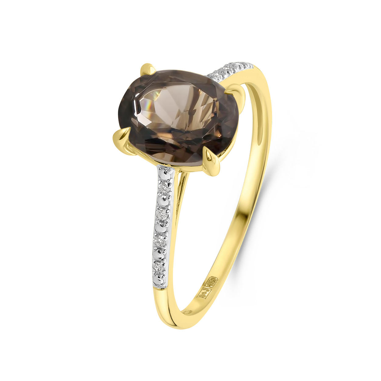 Geelgouden ring met ovale rookkwarts en diamanten R092-86614R001-SQ-Y