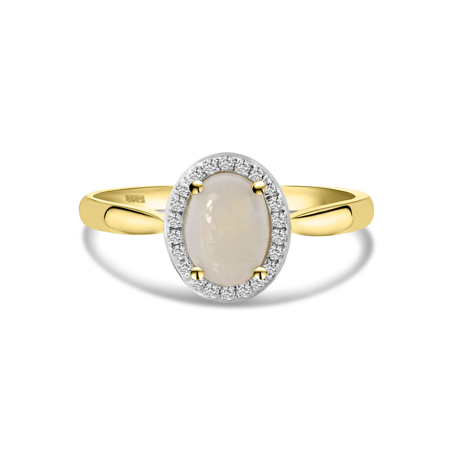 Geelgouden ring met ovaalvormige opaal cmp en diamanten entourage R092-57117R005-OP-Y