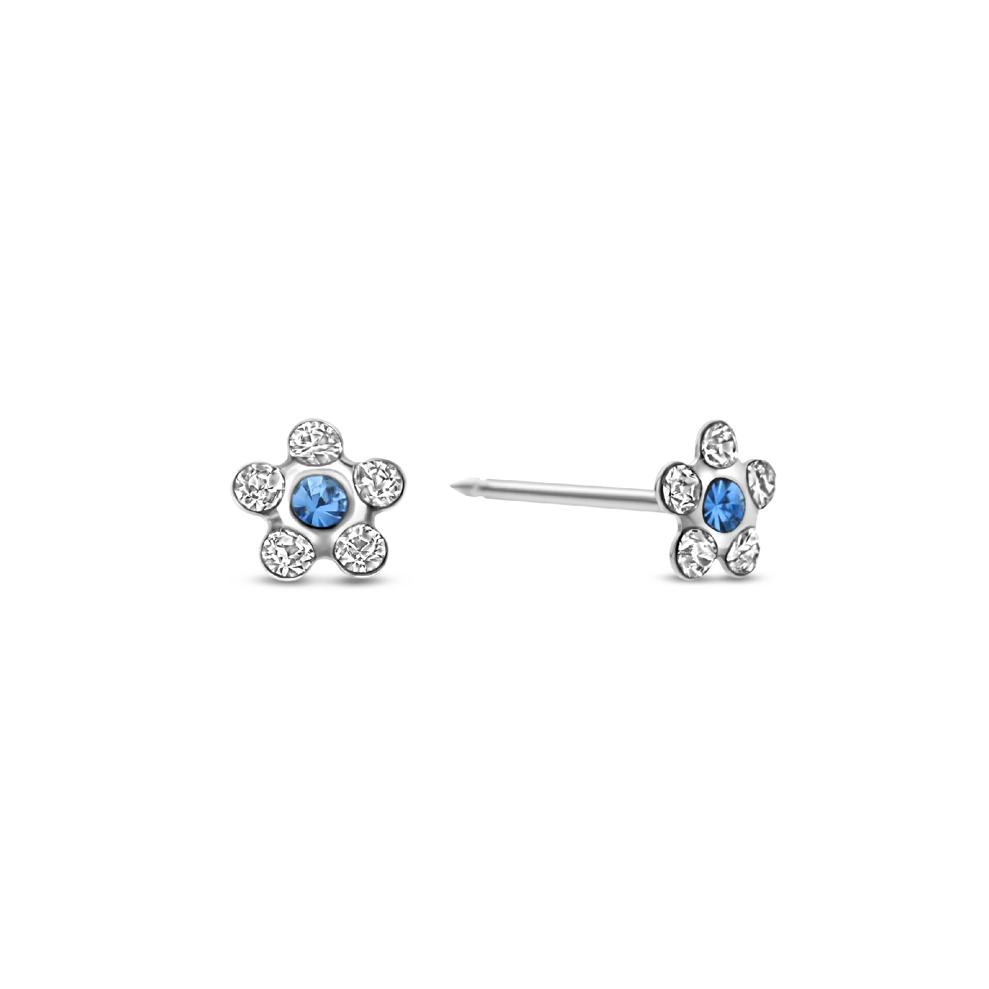Schietoorknopjes 5mm Bloem kristal blauw/wit chirurgisch staal