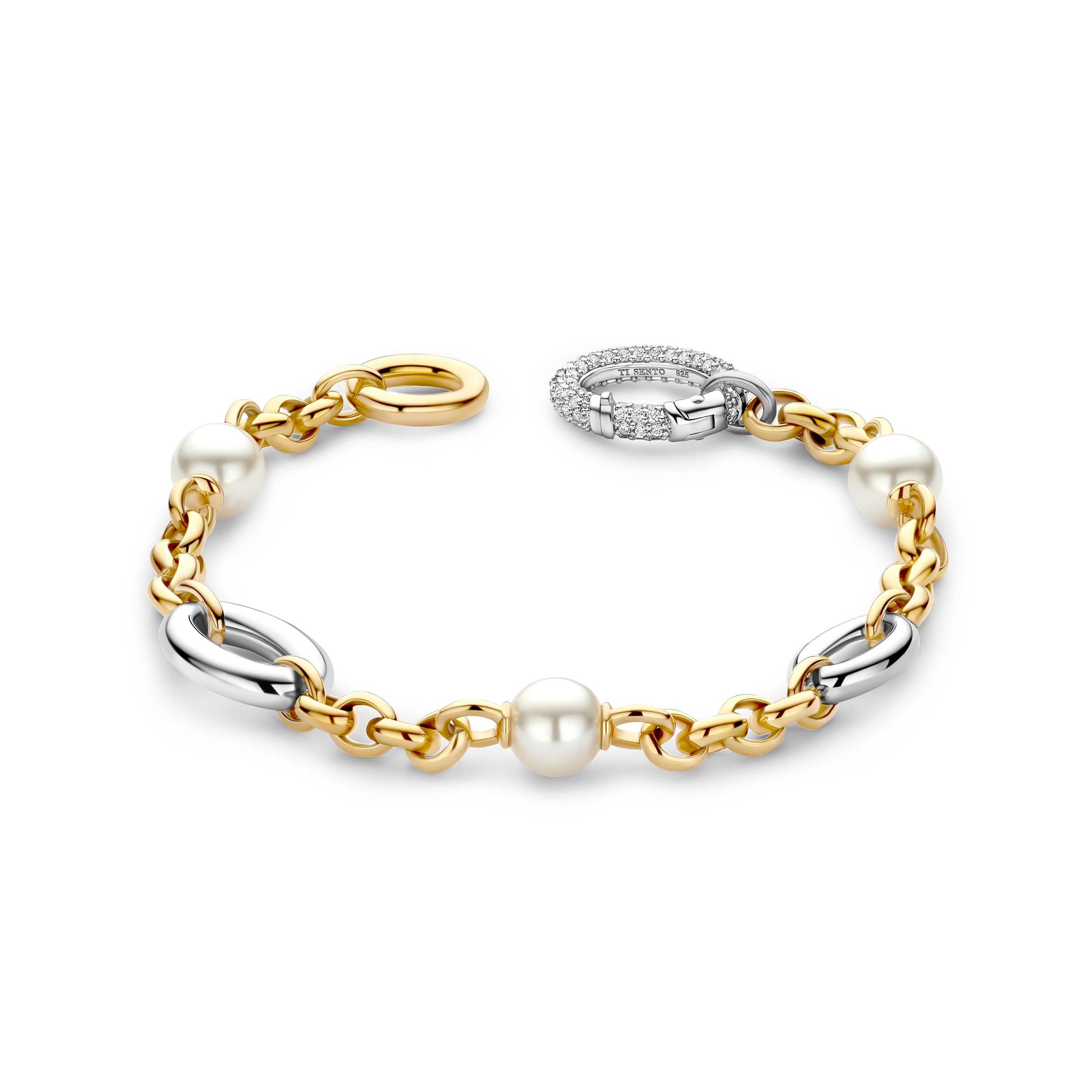 Schakelarmband gold plated met parel en zirkonia - 23075ZY