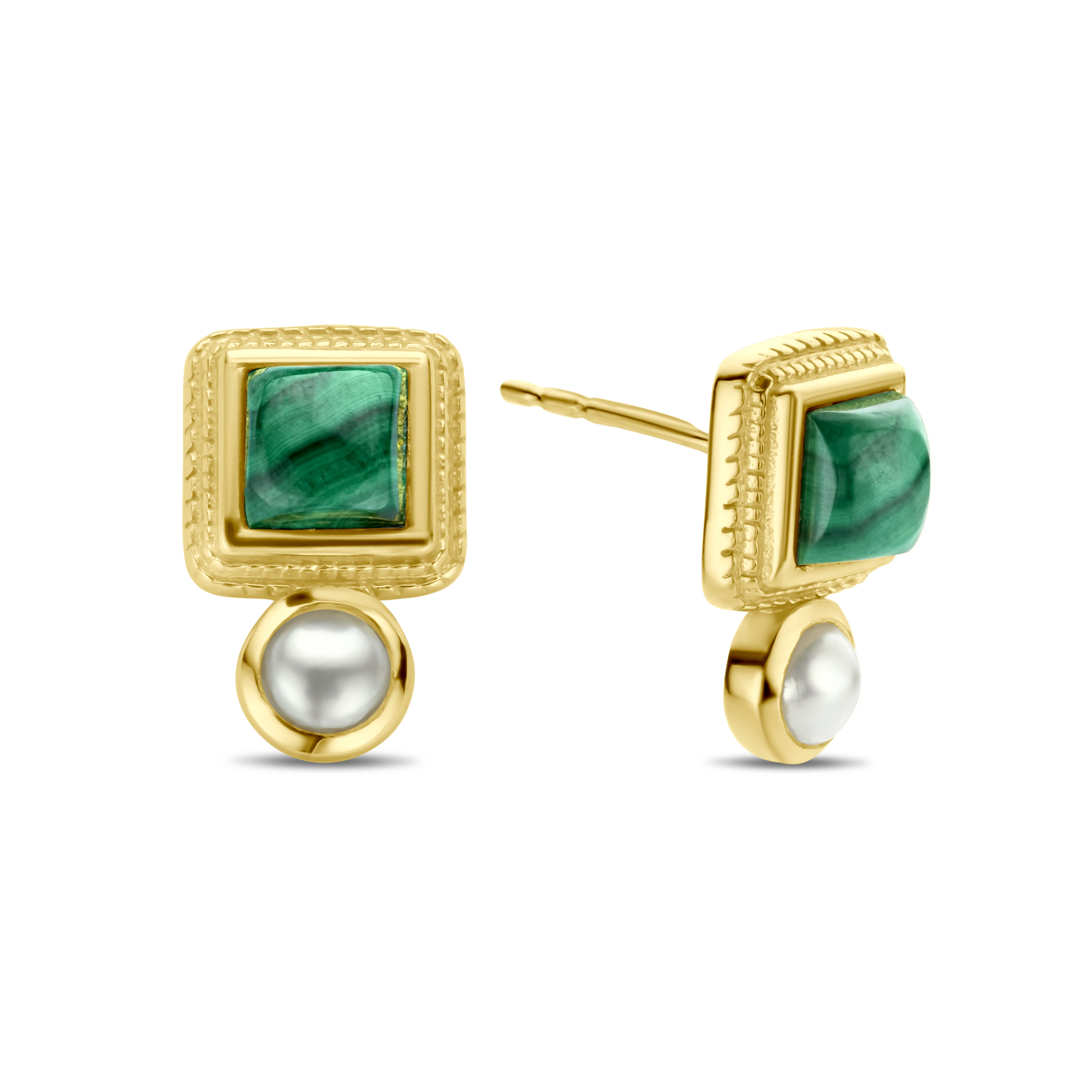 Oorknoppen van gold plated  met malachiet en parel 163A0514