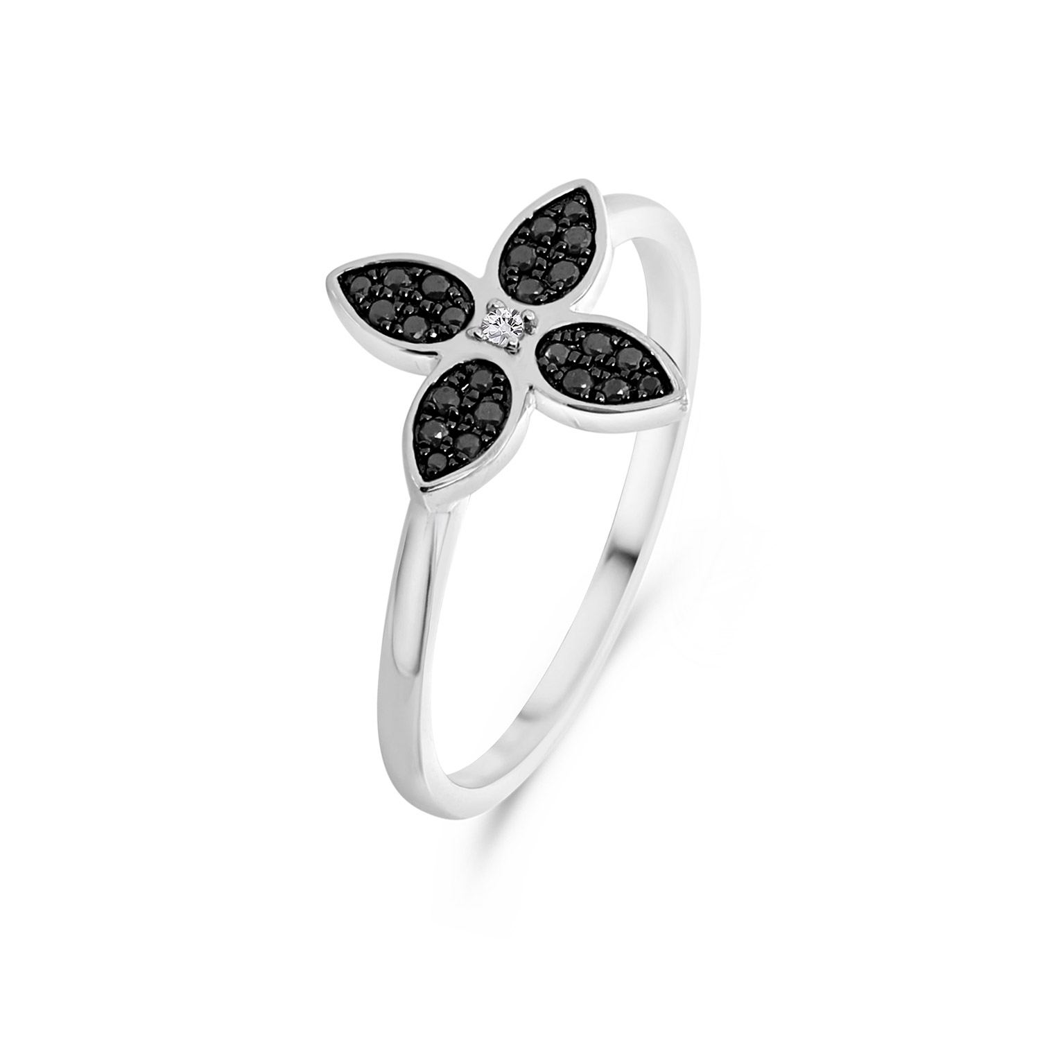 Witgouden ring klaver met zwarte diamanten R136-180XA01302-WBDIA-W