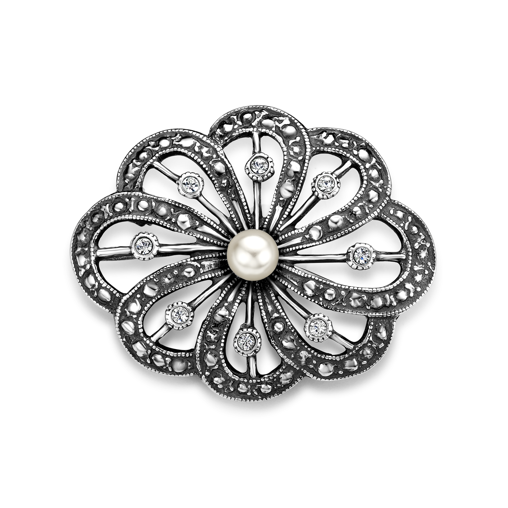Sterling zilveren broche bloem met parel en swarovski kristal 35695