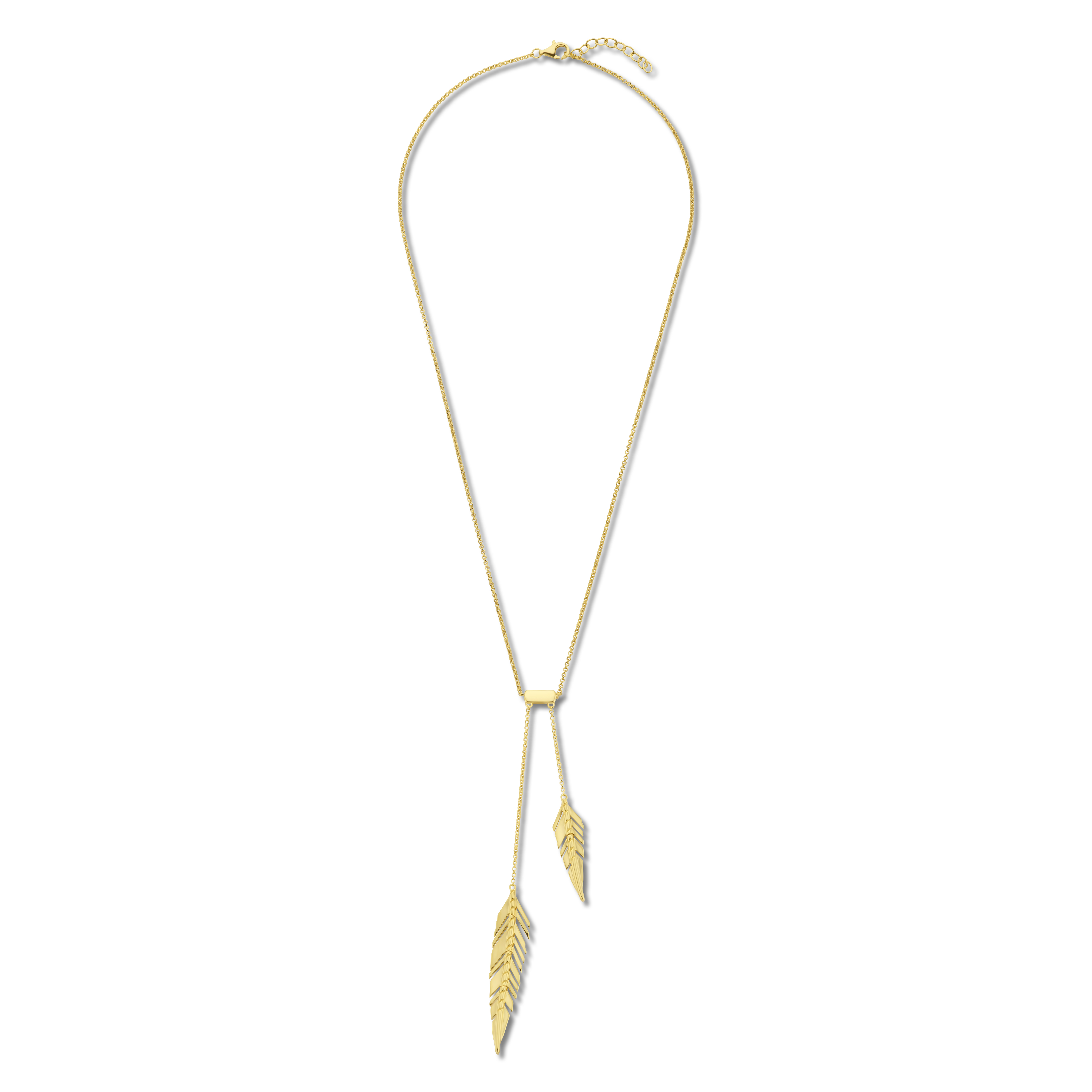 Zilveren gold plated ketting met 2 veren in stropdasvorm