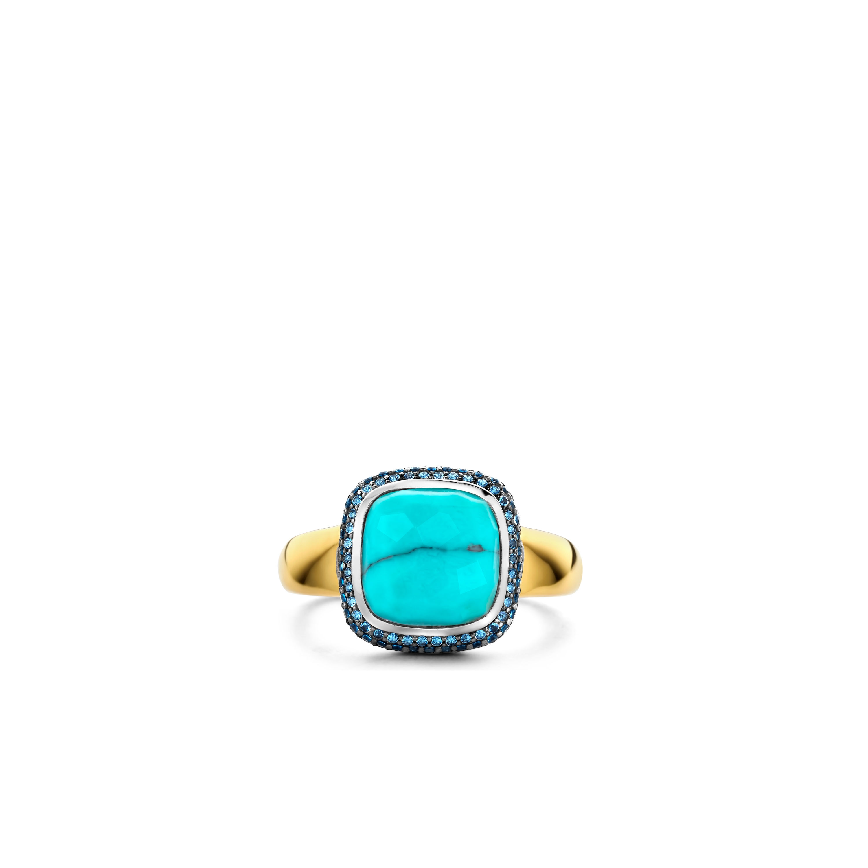 Ring van gold plated  met zirkonia en imitatie turquoise 12330MW