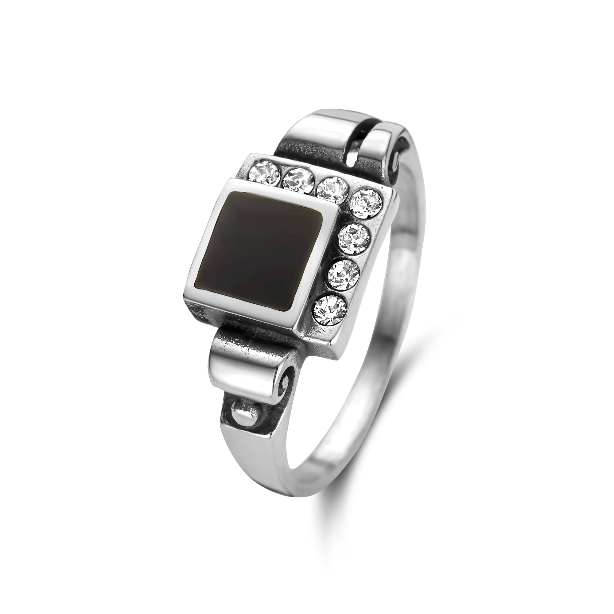 Sterling Zilveren ring met zwarte emaille en swarovski 14965 M