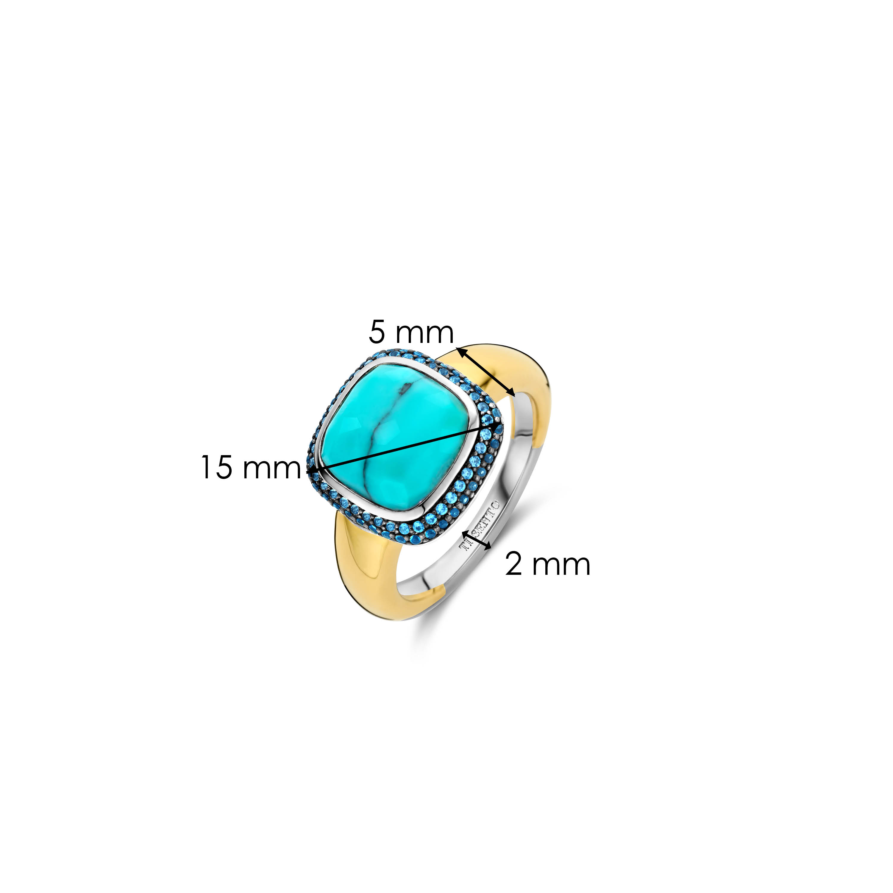 Ring van gold plated  met zirkonia en imitatie turquoise 12330MW