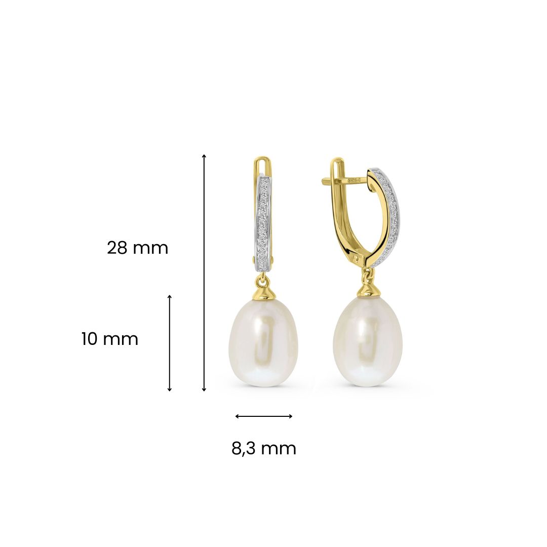 Geelgouden oorclips met druppelvormige parel en diamanten  E092-21600E050-PR-Y