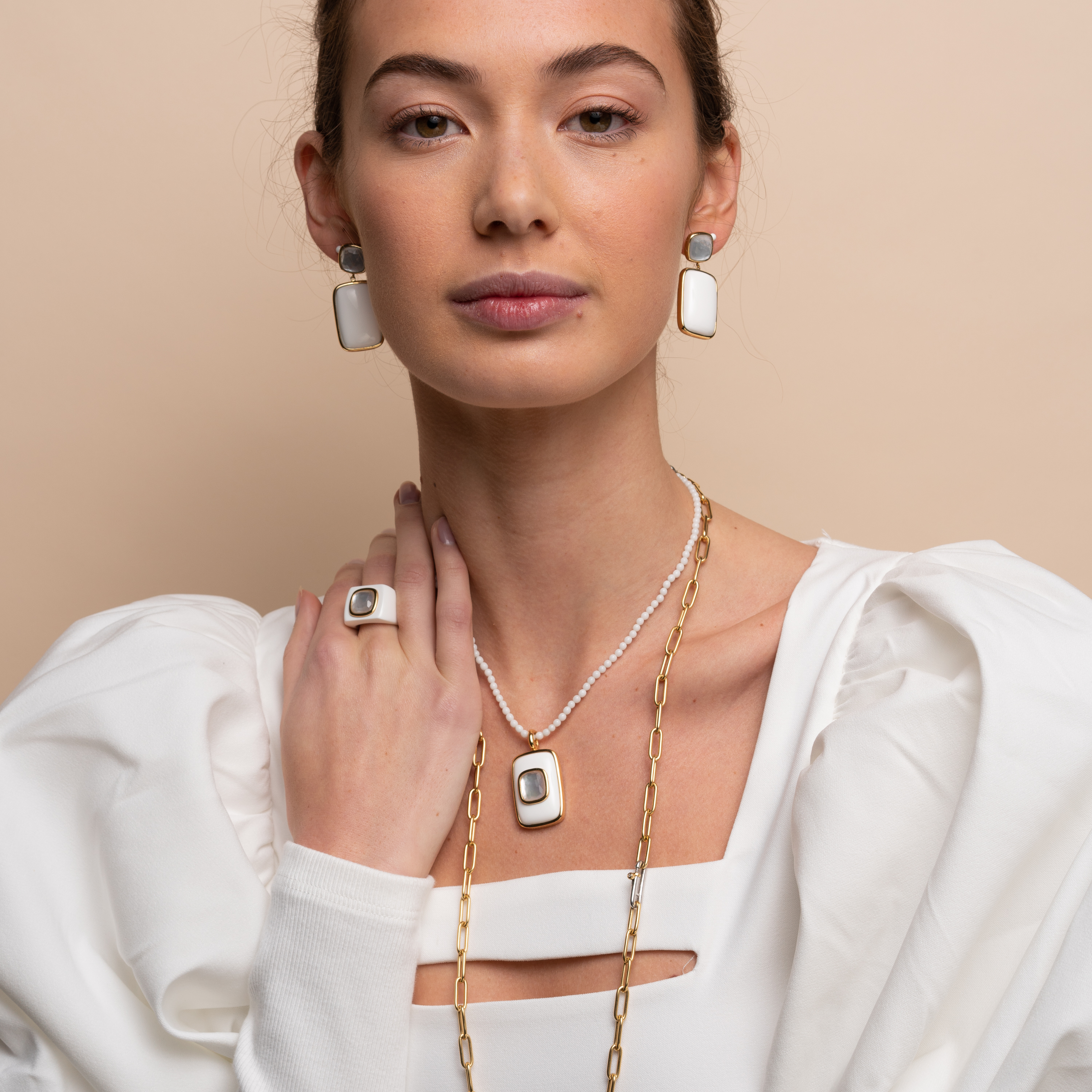 Ketting sterling zilver met witte agaat kralen - 3962WA