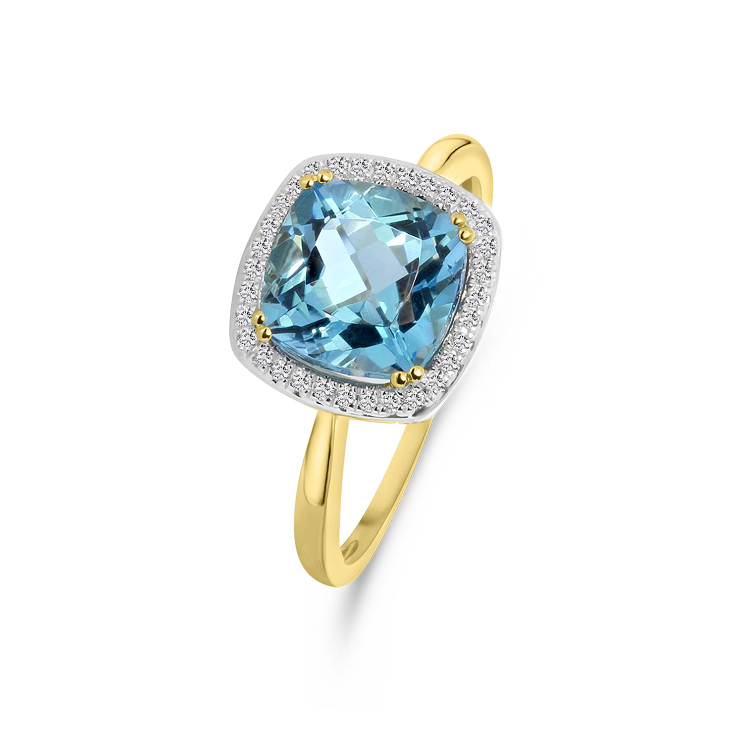 Geelgouden ring lichtblauwe topaas en diamant entourage R382-R304357BLT-BT-Y
