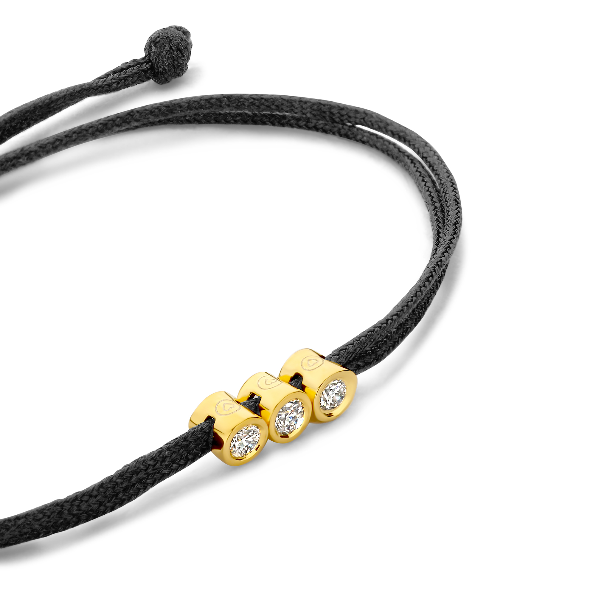 Koordarmband Zwart met drie lab grown diamanten - BN005-3-11-GP