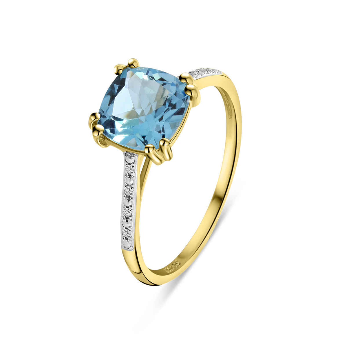 Geelgouden ring met lichtblauwe topaas en diamanten R092-86616R012-BT-Y