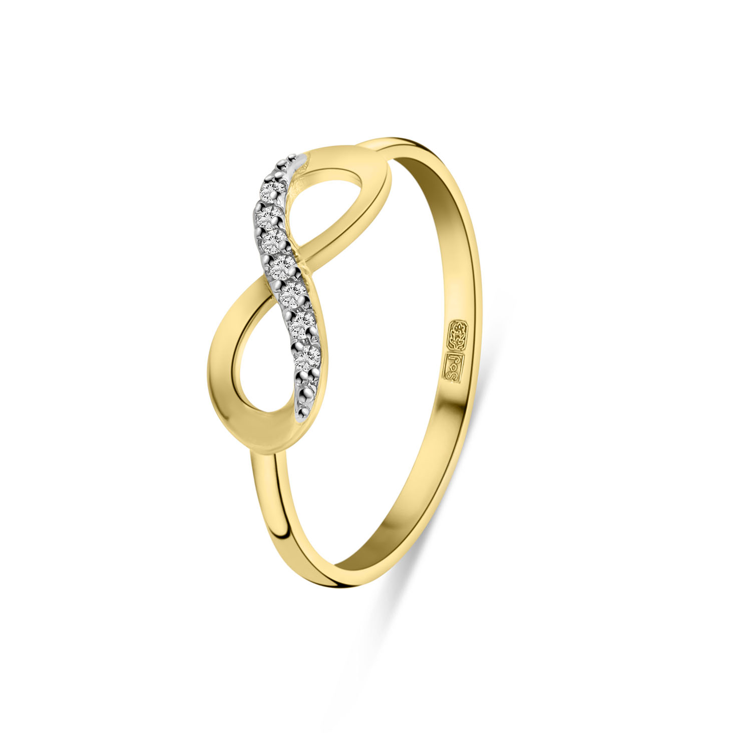 Geelgouden infinity ring met zirkonia R137-60230-Z-Y