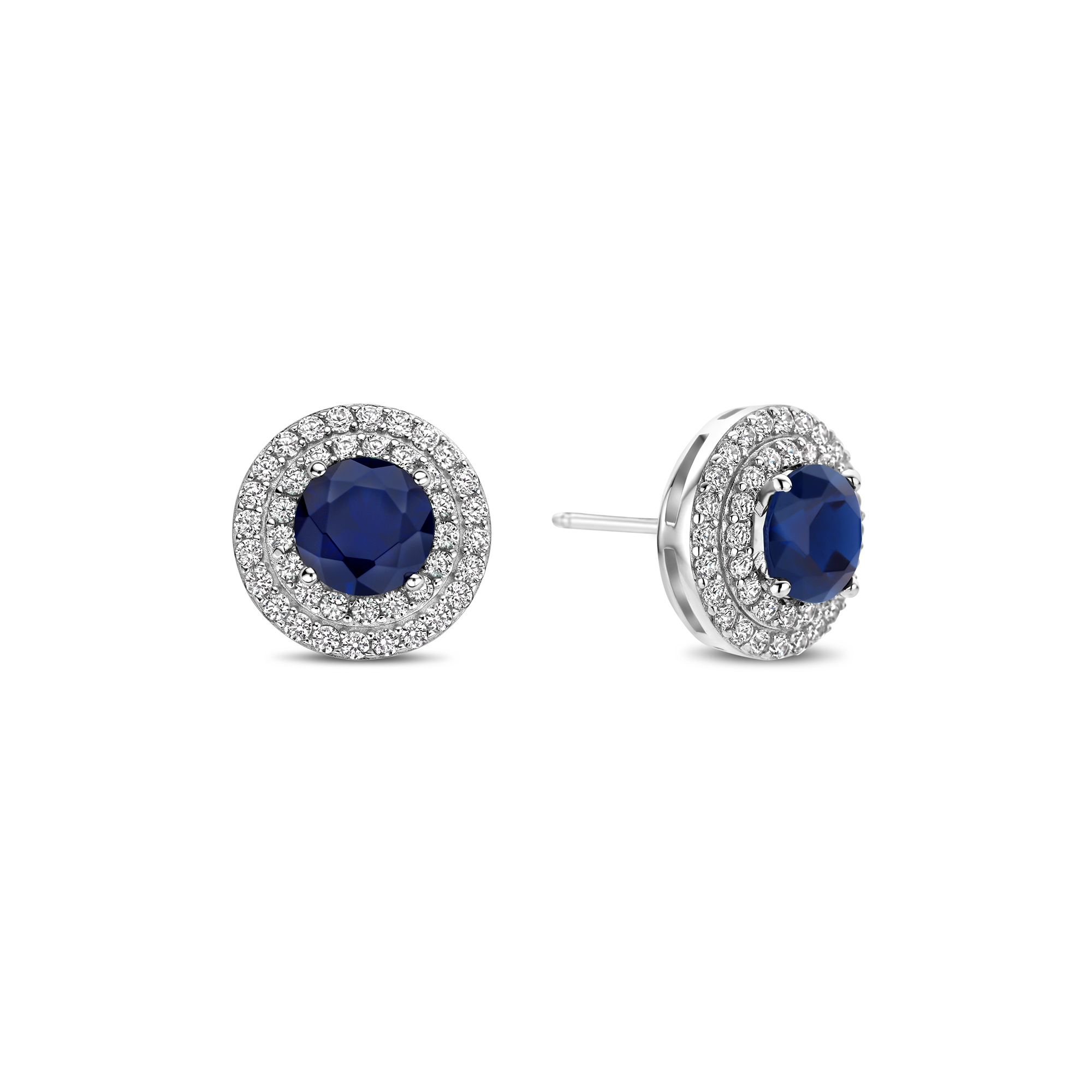 Oorknoppen van sterling zilver met blauwe ronde zirkonia - E12465BL